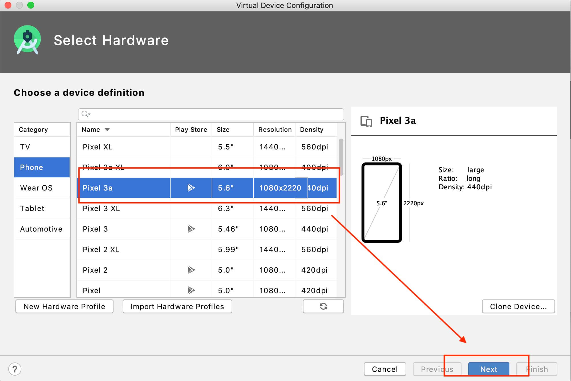 Shows device definition screen to select a device model