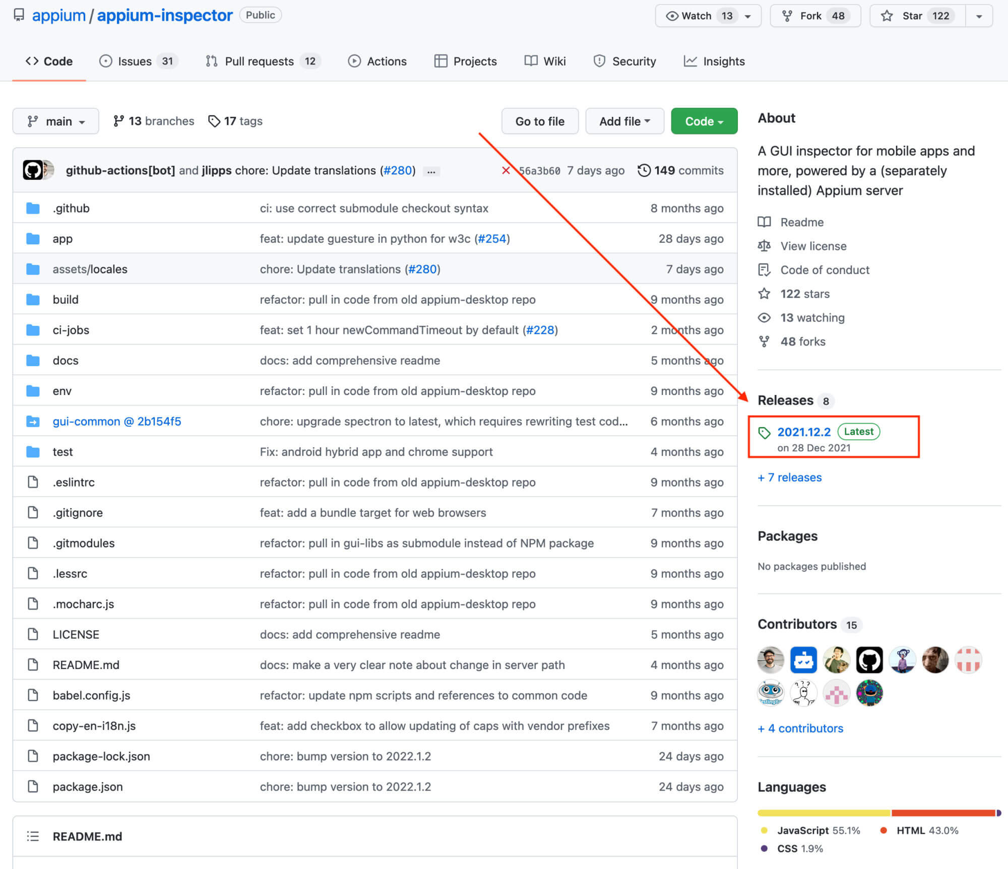 Appium Inspector Github page with releases option highlighted