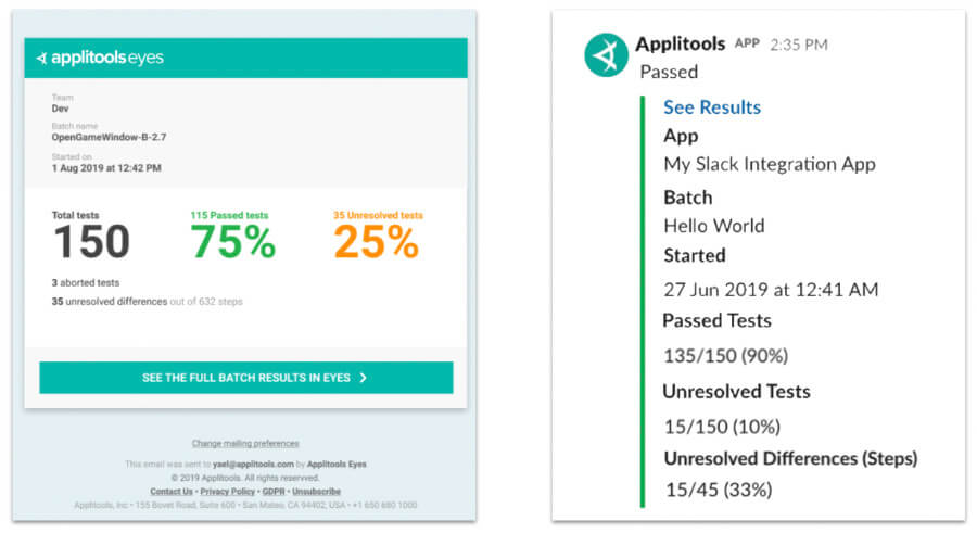 Example of a batch of test results in Applitools Eyes using visual AI