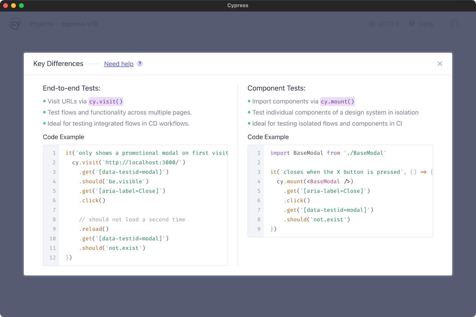 Key differences between end-to-end tests and component tests, including the need to use via cy.visit() for e2e and cy.mount() for component tests.