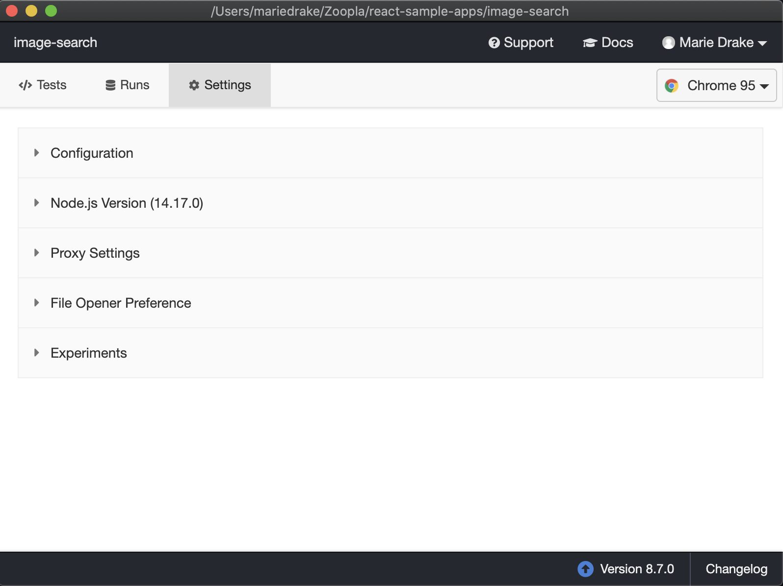 Settings view showing different configuration within the Cypress Test Runner