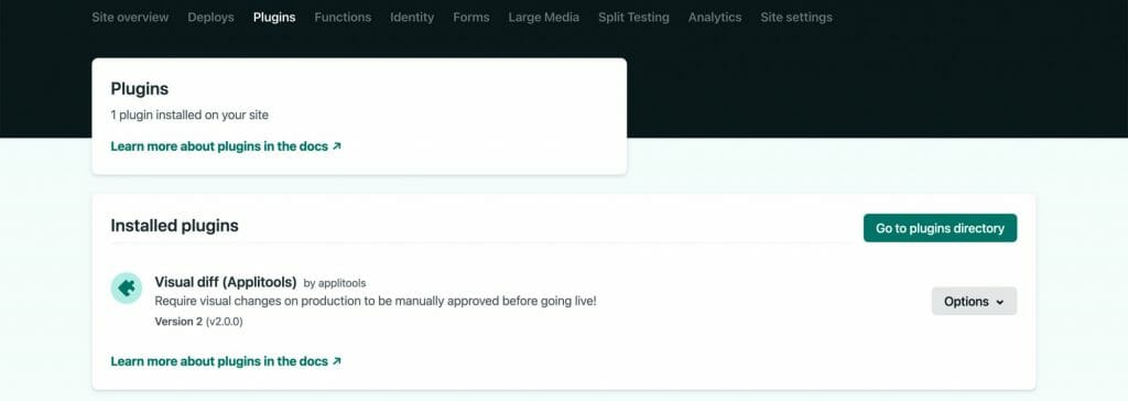 Netlify site showing installed plugins with Visual Diff (Applitools)