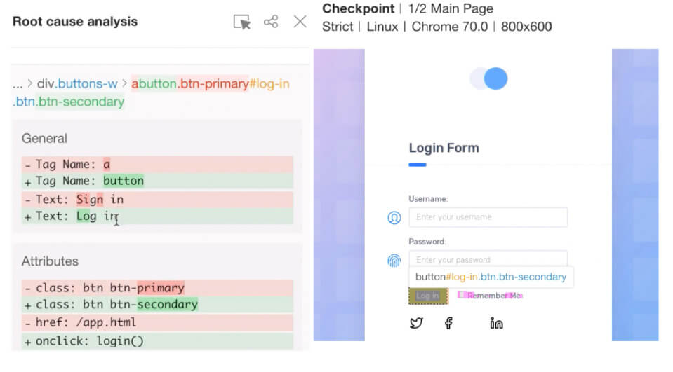 Example of root cause analysis feature in Applitools Eyes using visual AI