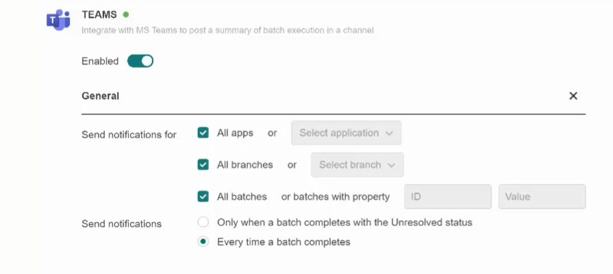 The Teams integration for Applitools Eyes, showing the toggle for on/off and notification options.