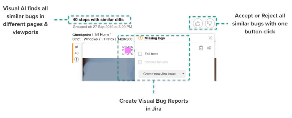 Example of visual AI test with grouping and bug reporting