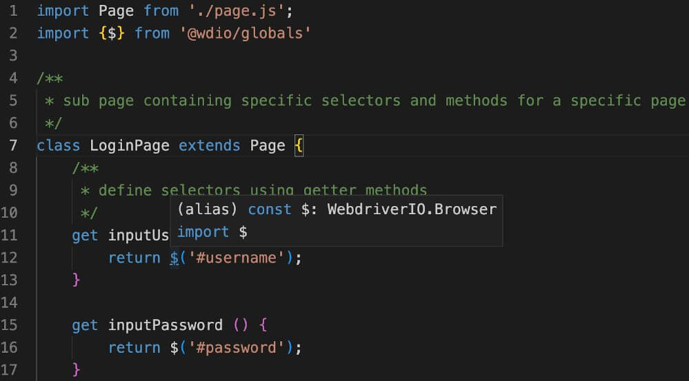 WebdriverIO 8 global definitions code snippet screenshot