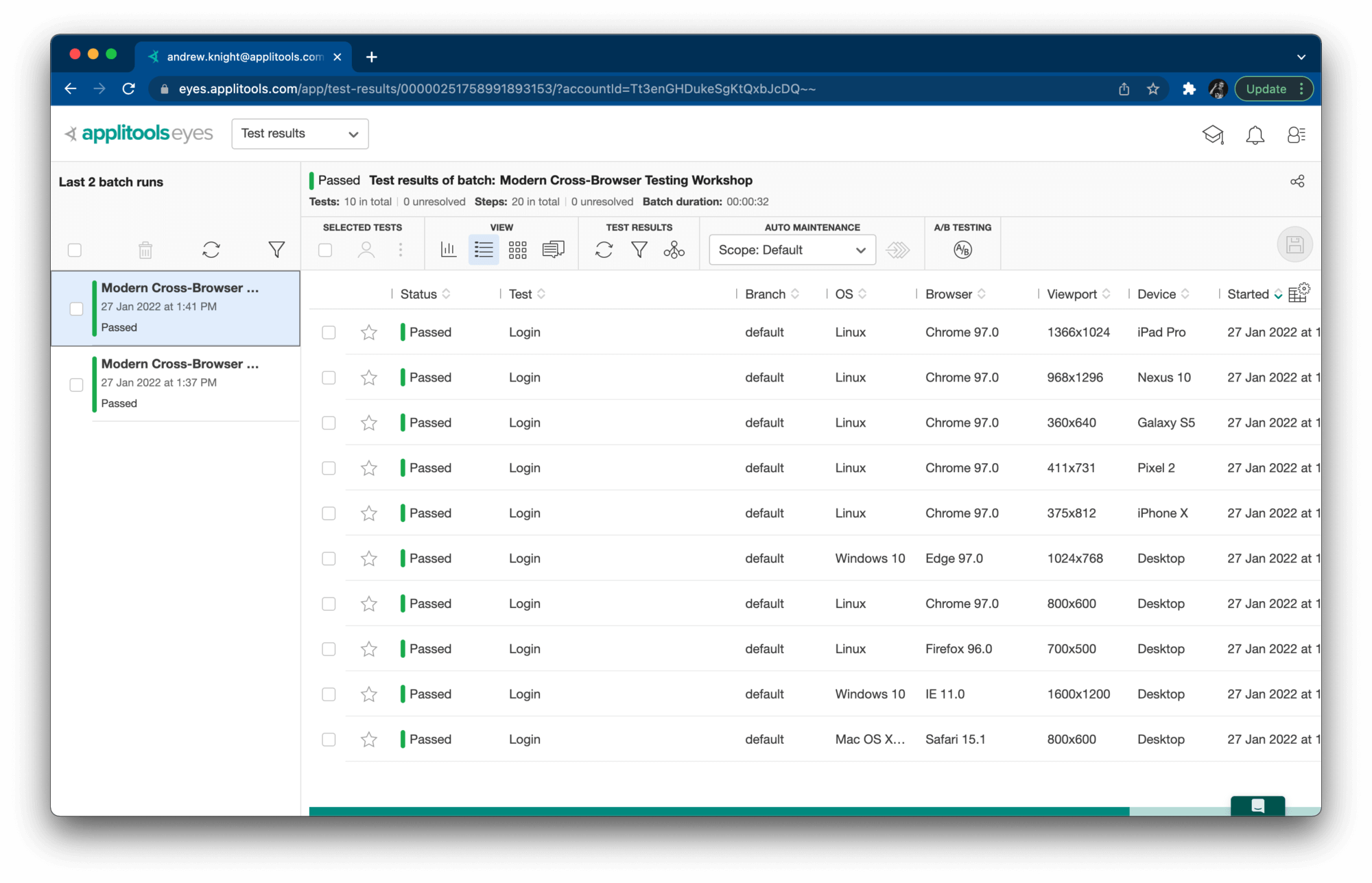 Applitools dashboard with passing results.