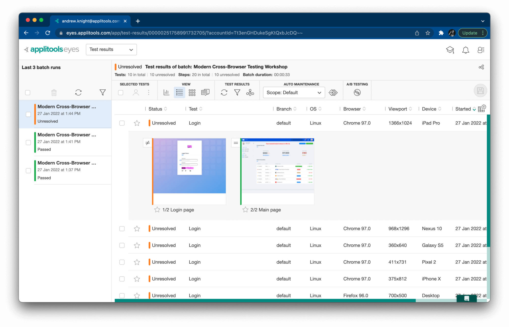 Applitools dashboard with unresolved changes.