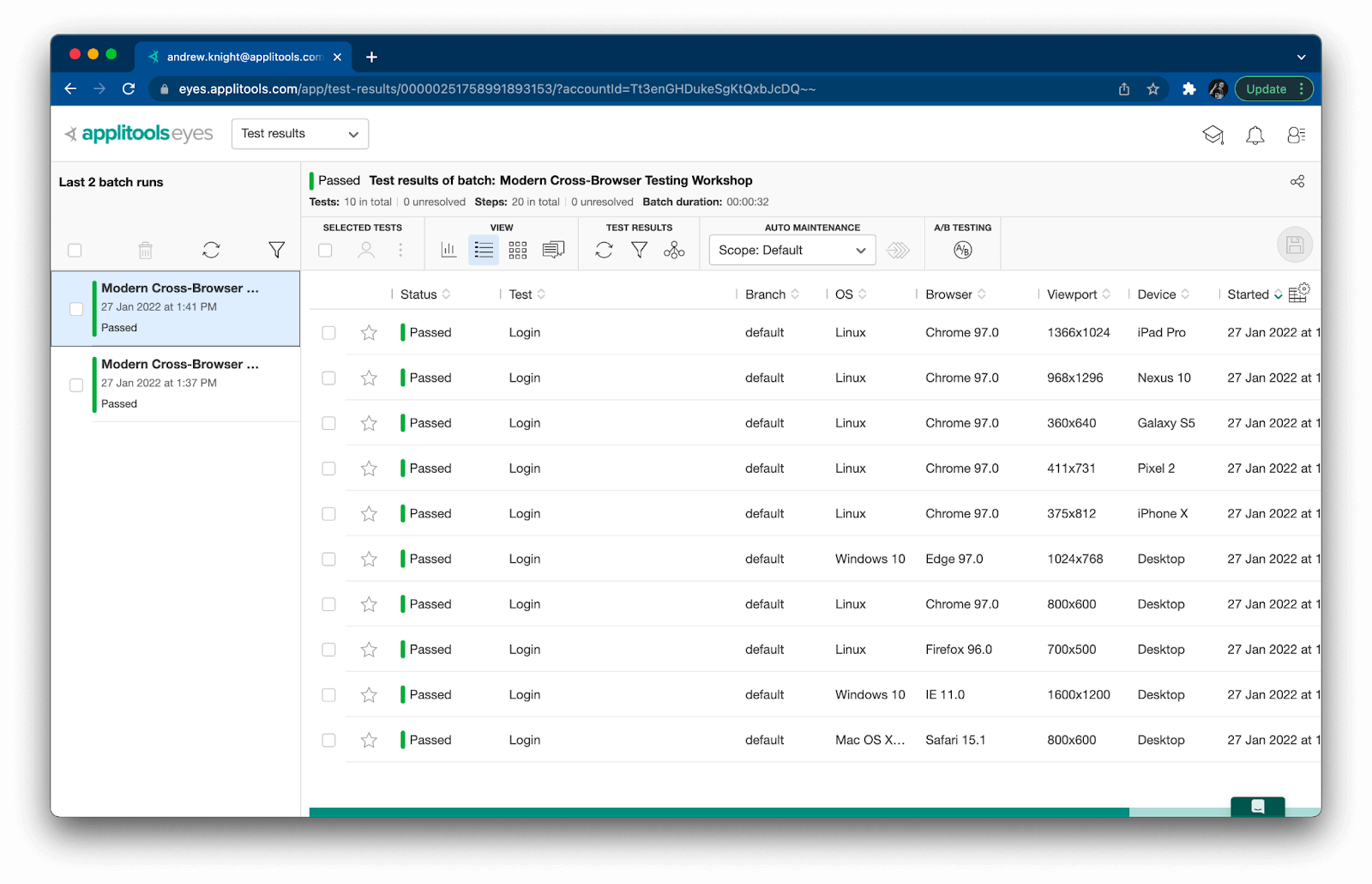 The Applitools dashboard, displaying the results of our visual tests, each marked with a Status of 'Passed'.