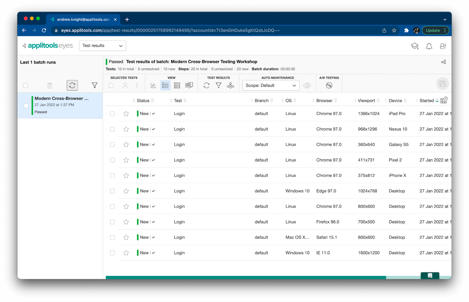 The Applitools dashboard, displaying the results of our new visual tests, each marked with a Status of 'New'.