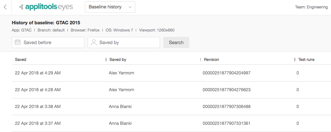 Applitools Baseline History