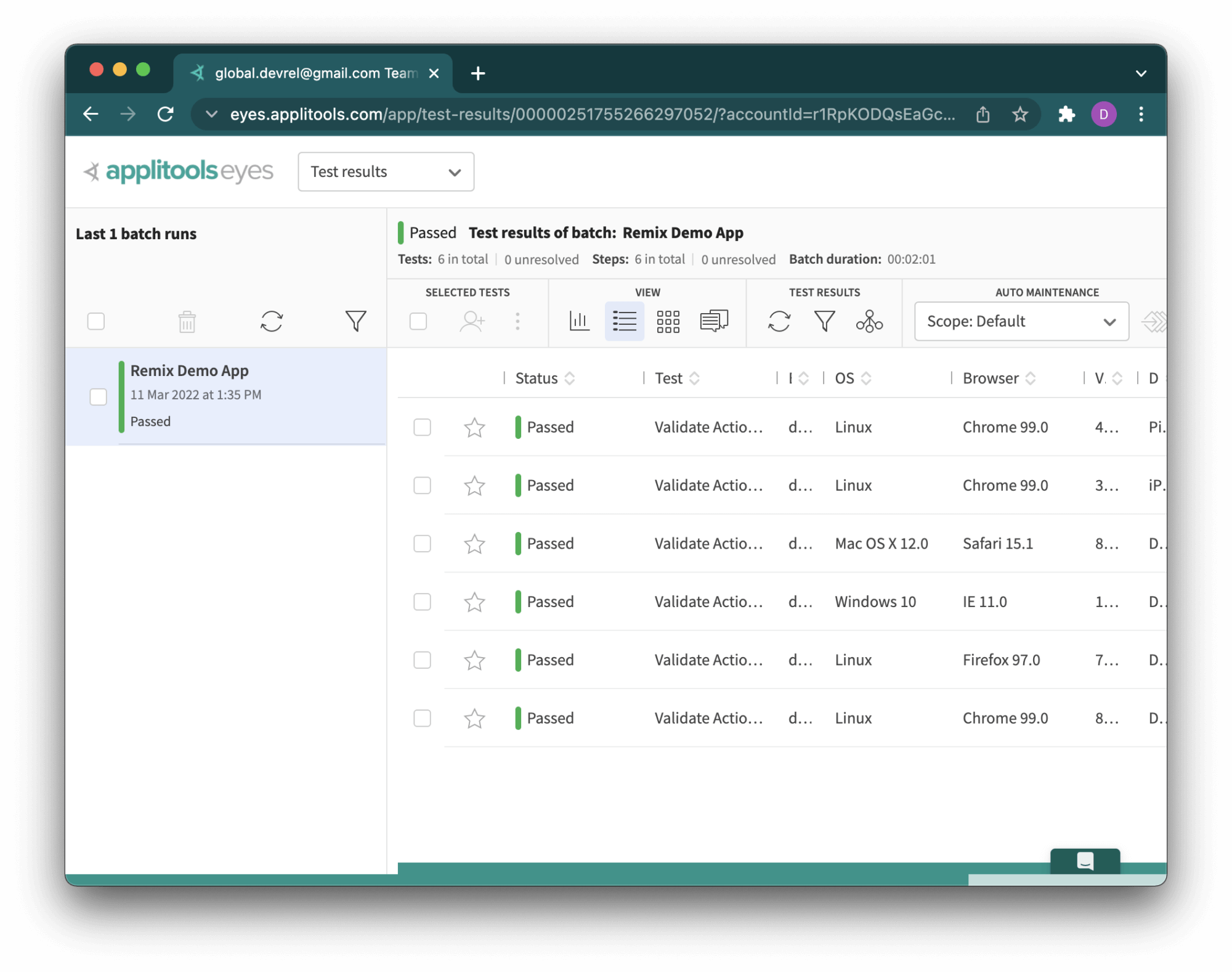 The Applitools dashboard, showing passed tests for our desired suite of browsers.