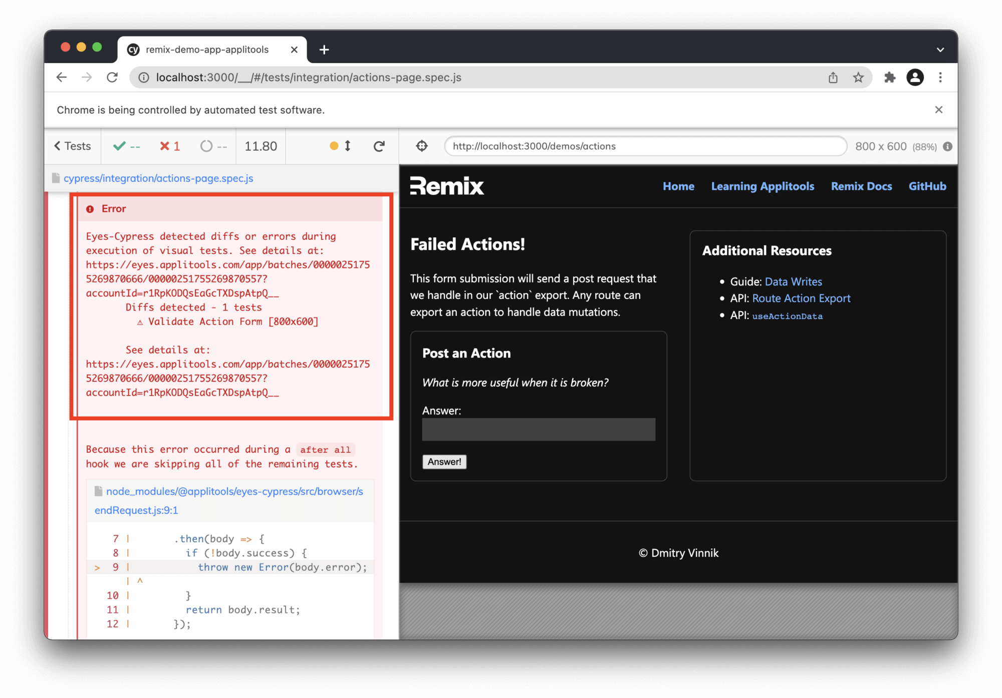 Cypress Studio showing a red error message that reads, in part: "Eyes-Cypress detected diffs or errors during execution of visual tests."