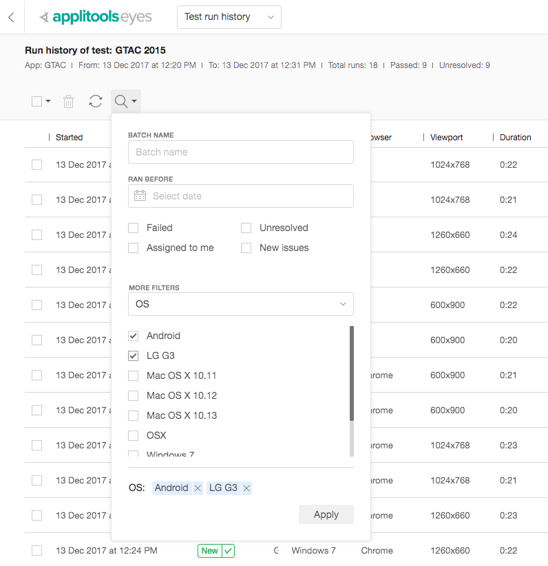 View every visual test run and filter across a range of attributes