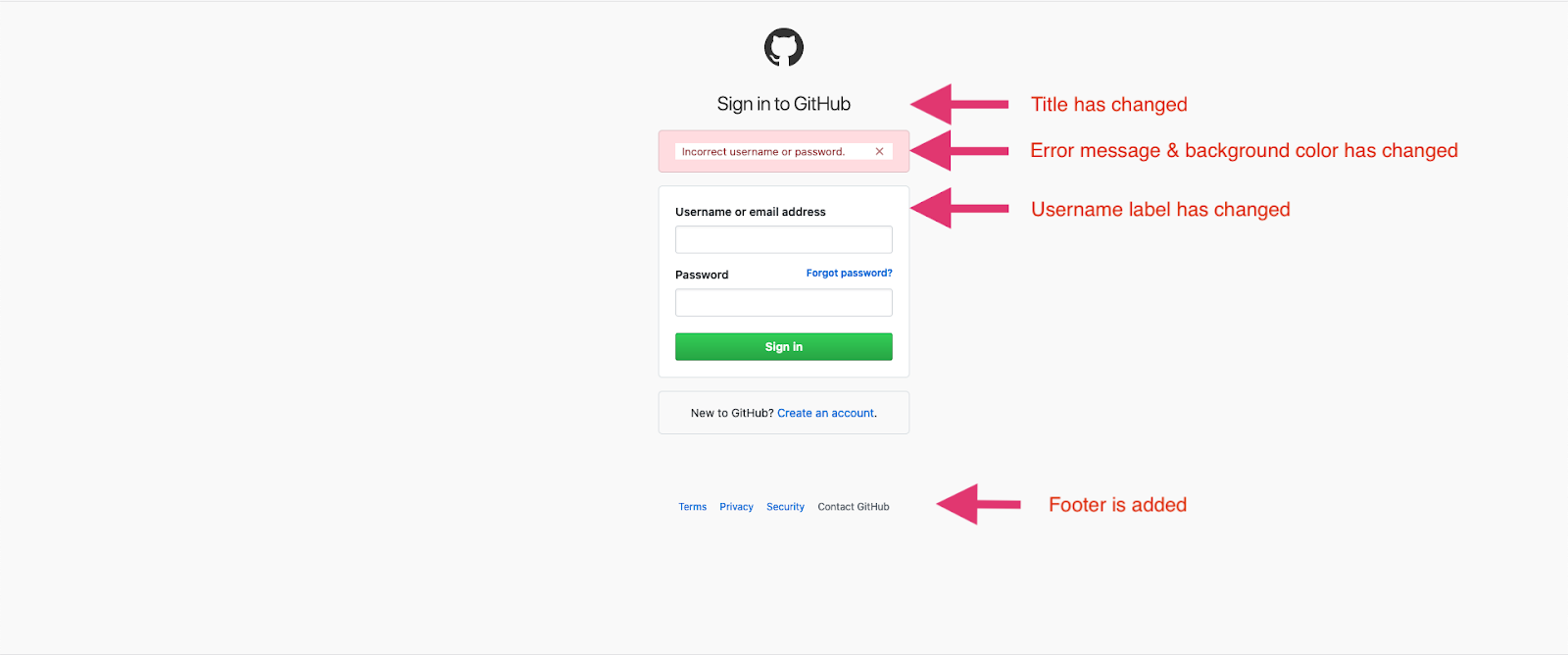 github login with errors and labels