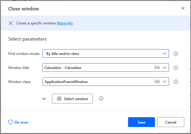 Using a Close Window action in Microsoft Power Automate Desktop to close our calculator app when we're done. 