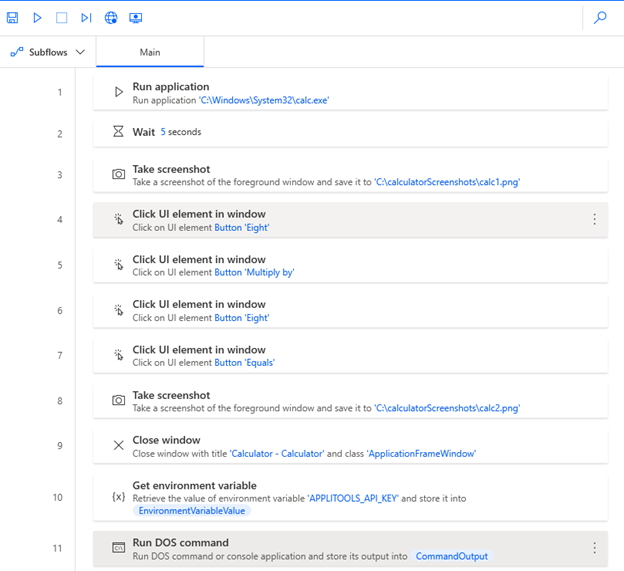 The final Flow in Power Automate Desktop, with 11 steps, including running the application, taking screenshots, clicking UI elements, getting environment variables, and running the DOS command.