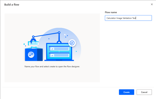 Setting up a new flow called Calculator Image Validation Test in Power Automate Desktop, 