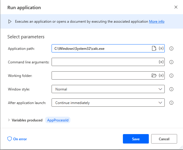 Using a Run Application action in Microsoft Power Automate Desktop to run the calculator application.