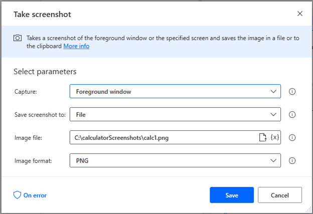 Using a Take Screenshot action in Microsoft Power Automate Desktop to take the initial screenshot of the calculator.