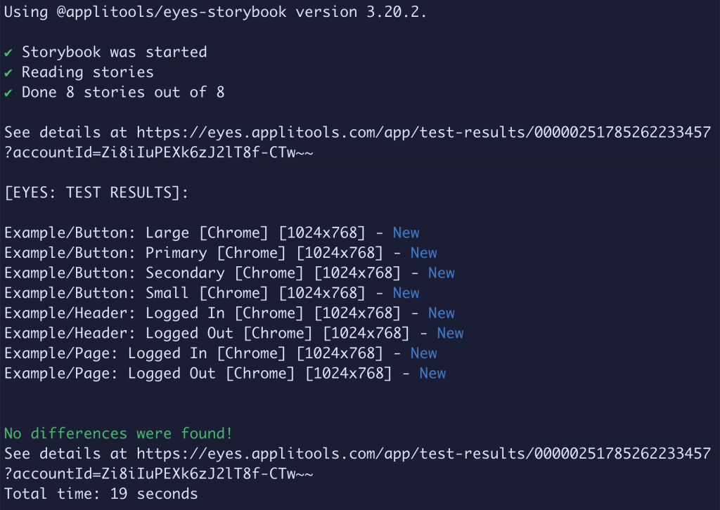A view of the CLI as we successfully run Applitools Eyes on Storybook Stories