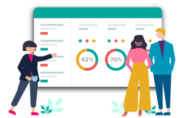 Illustration of three people discussing a test dashboard