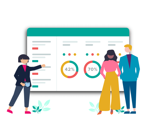 Illustration of three people discussing a test dashboard