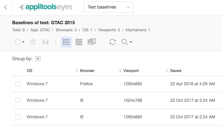 Applitools Test Baselines UI